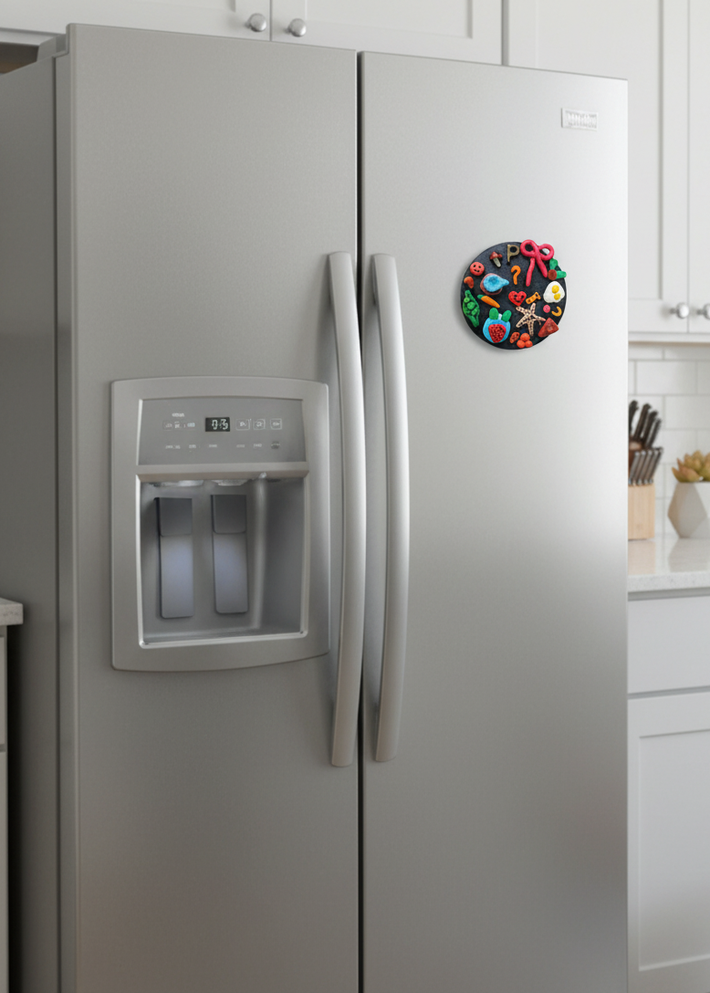 Stainless steel refrigerator with a decorative magnet in a kitchen setting