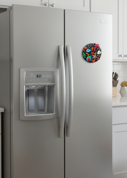 Stainless steel refrigerator with a decorative magnet in a kitchen setting