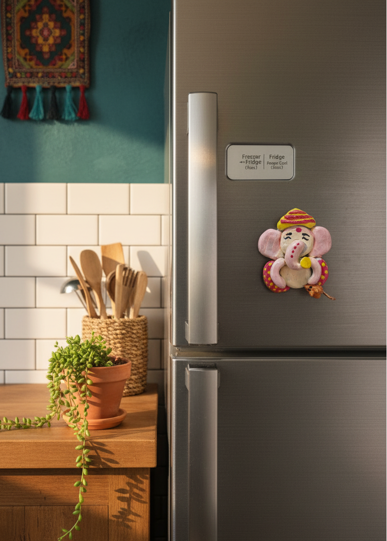 Kitchen scene with a refrigerator featuring a decorative magnet, wooden utensils, and a plant.