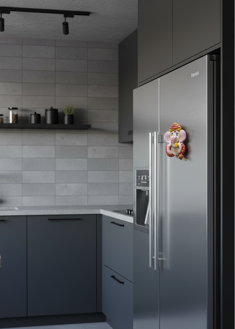 Modern kitchen with gray refrigerator and tiled wall
