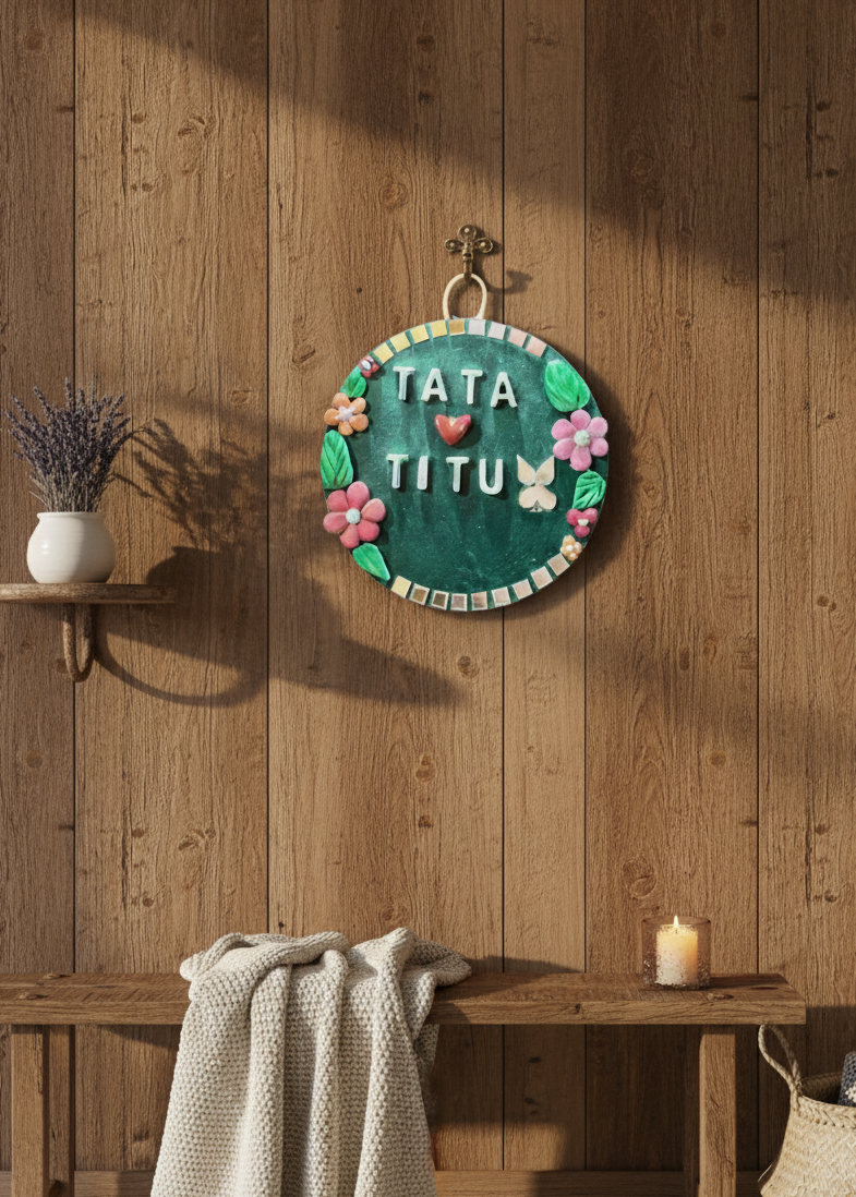 Decorative wall hanging with 'TATA TITU' text on a wooden wall.