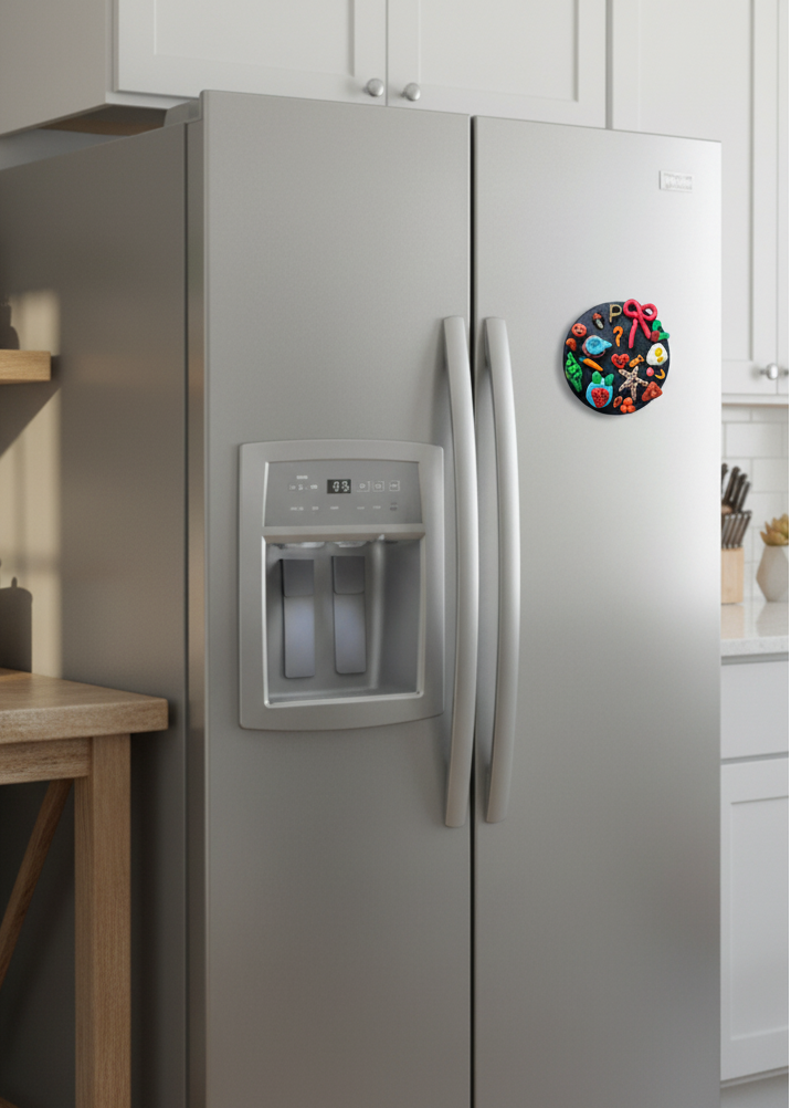 Stainless steel refrigerator with water and ice dispenser in a kitchen setting