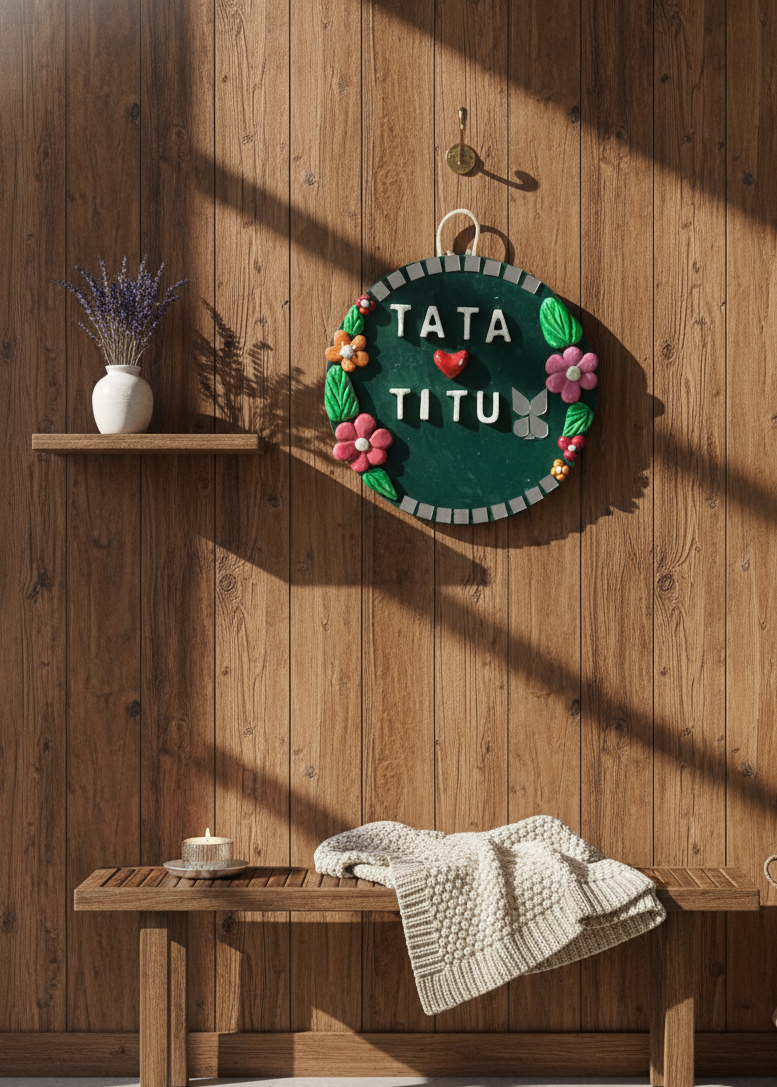 Decorative wall hanging with 'TATA TITU' text on a wooden wall.