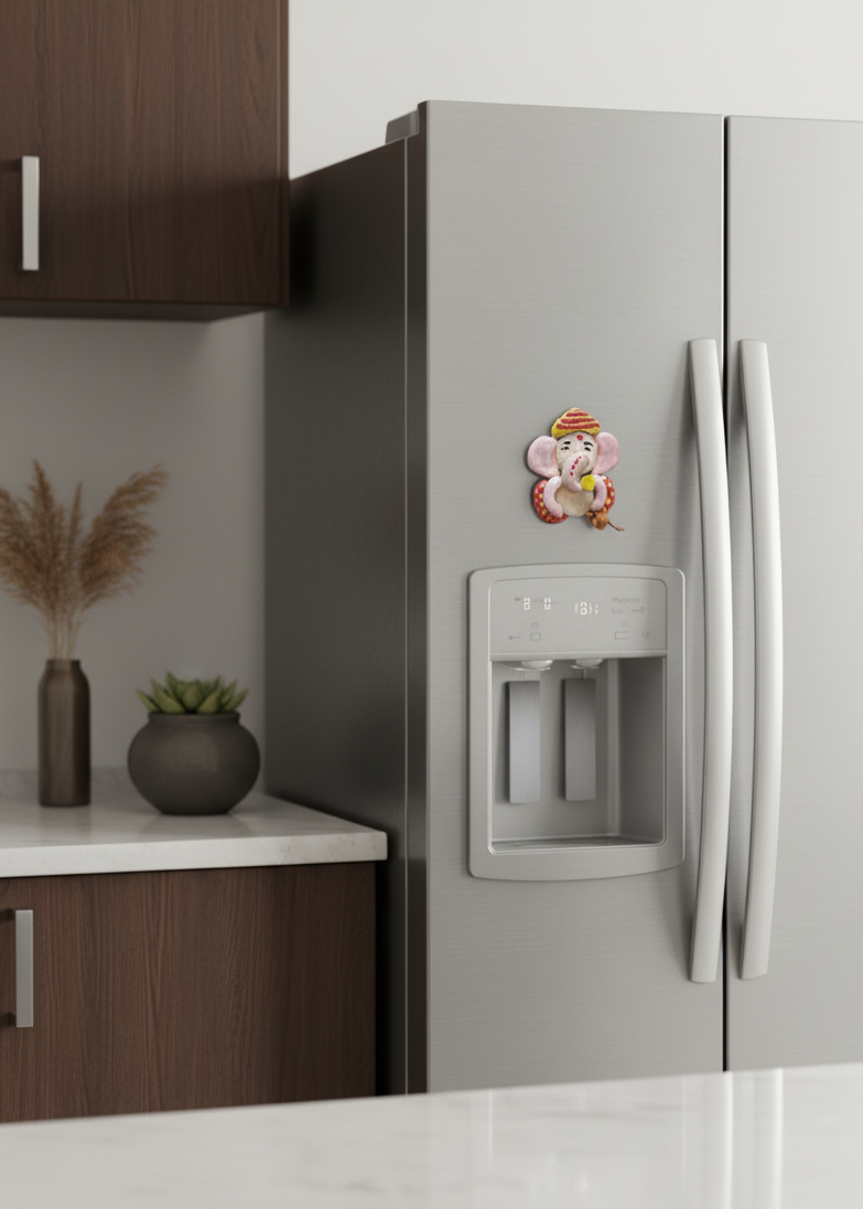 Modern kitchen with a gray refrigerator featuring a cartoon character magnet.