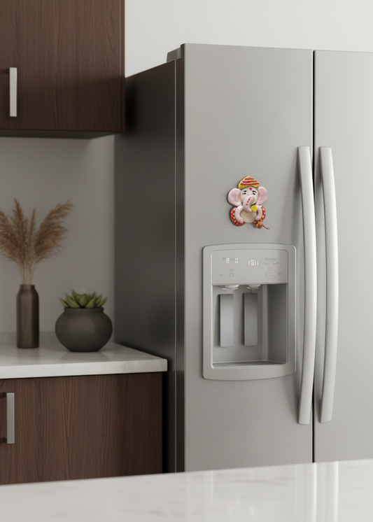 Modern kitchen with a gray refrigerator featuring a cartoon character magnet.