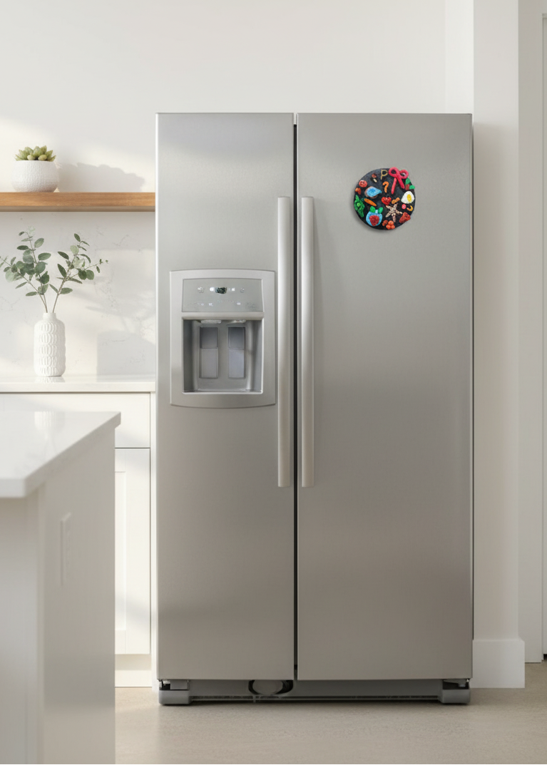 Stainless steel refrigerator with a decorative clock on a kitchen counter.