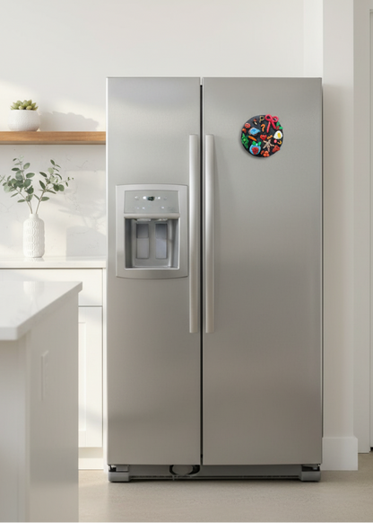 Stainless steel refrigerator with a decorative clock on a kitchen counter.